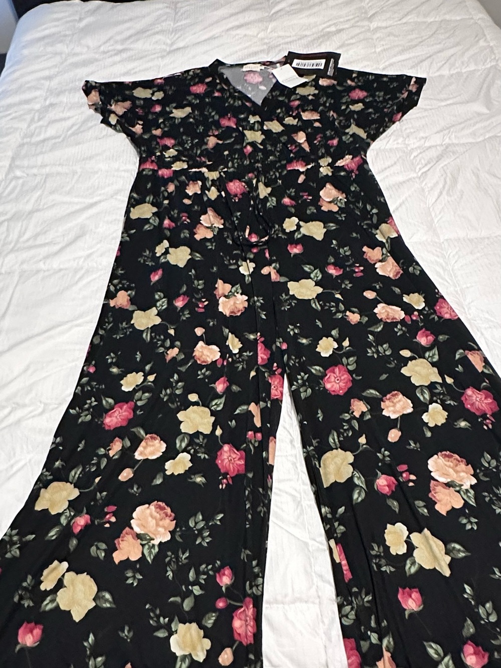 Rebdolls Black Floral V-Neck Wide-Leg Jumpsuit with Pink & Cream Blooms
